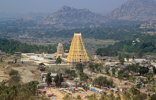India Hampi. View from the mountain to the temple Virupaksha