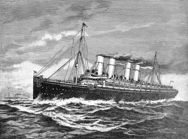 parowiec dwuśrubowy (statek parowy) niemcy 1900 do nowego jorku po 1 wojnie światowej, ręcznie rysowana łódź ilustracja - engraving engraved image activity nautical vessel stock illustrations