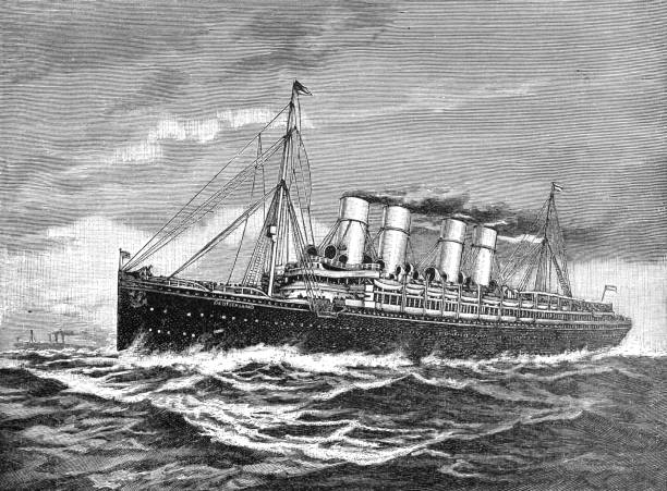 ilustrações, clipart, desenhos animados e ícones de steamer de dois parafusos (navio a vapor) alemanha 1900 para nova york após a 1ª guerra mundial, ilustração do barco desenhado à mão - etching sailing ship passenger ship sea