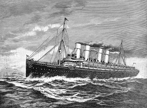 Double-screw steamer (steam ship) Germany 1900 to New York after the world war 1,  hand drawn boat illustration.