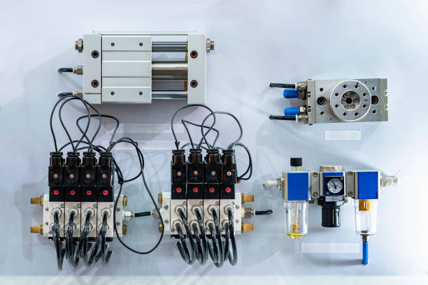 istock various type pneumatic equipment e.g. air cylinder and rotary pneumatic cylinder table manifolds solenoid valve filter regulator for automatic system or automation manufacturing process in industrial 1366800108