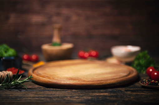 food background concept. Empty wooden board with selective focus
