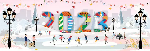 Vector illustration of Happy New Year 2023 card,Vector Winter landscape in city with people celebrating on Chritsmas Eve.Winter wonderland in the town with happy kids playing ice skating in the city park