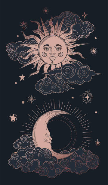 mystic sun and moon with faces mystic sun and moon with faces, black and gold space background with sacred geometry stock illustrations