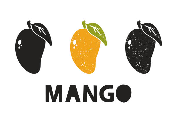 ilustrações de stock, clip art, desenhos animados e ícones de mango, silhouette icons set with lettering. imitation of stamp, print with scuffs - postage stamp white background nobody color image