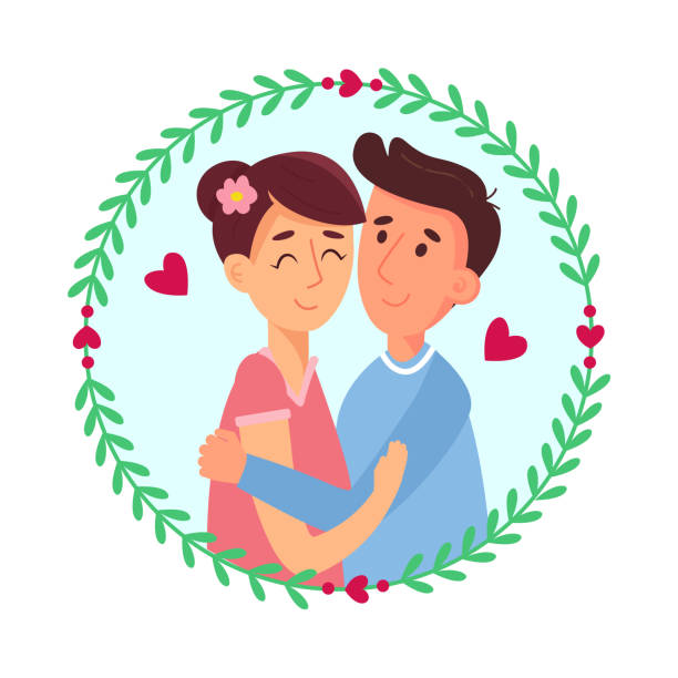 ilustraciones, imágenes clip art, dibujos animados e iconos de stock de feliz ilustración de pareja amorosa. retrato de jóvenes enamorados. bueno para el diseño de tarjetas de san valentín. - heterosexual couple