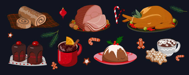 illustrazioni stock, clip art, cartoni animati e icone di tendenza di set di cibo natalizio - christmas dinner food turkey