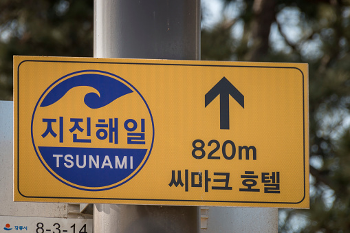 Tsunami evacuation route sign at Gyeongpo Beach, Gangneung, South Korea