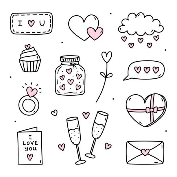 ilustraciones, imágenes clip art, dibujos animados e iconos de stock de lindo conjunto de garabatos para el día de san valentín: copas de champán, tarjetas de amor, sobres, frasco con corazones y otros. ilustración vectorial dibujada a mano. perfecto para diseños navideños, pegatinas, decoración. - champagne pink bubble valentines day