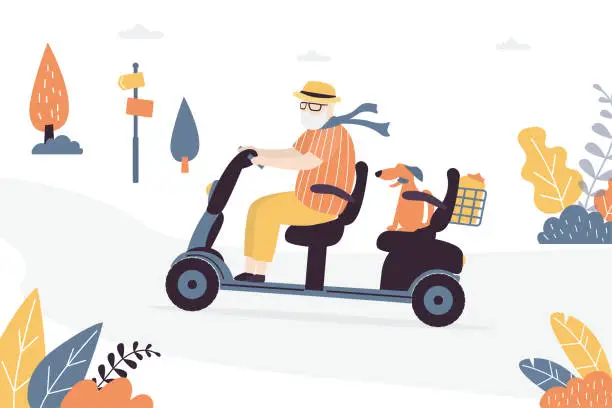 Vector illustration of Elderly man driving electric scooter. Older male character driving through park