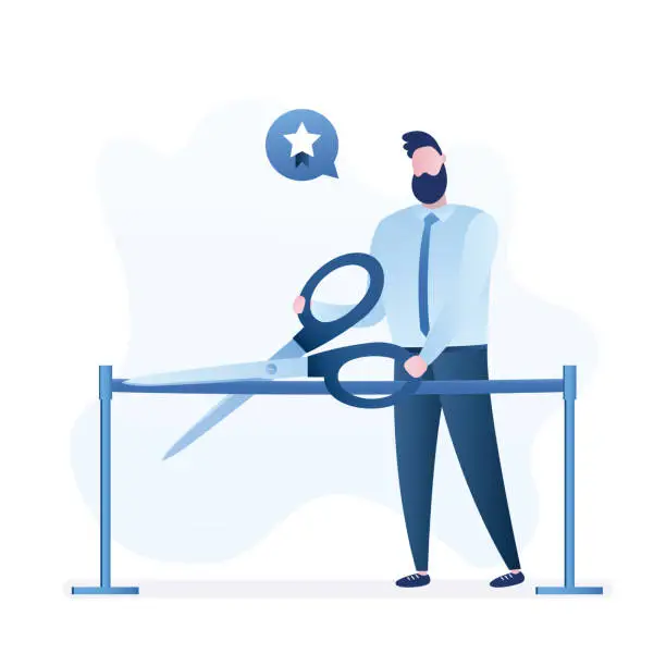Vector illustration of Ribbon cutting ceremony, politician with giant scissors. Businessman starting business project, launching new product, grand opening event,