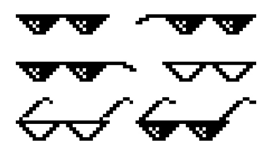 Pixel glasses. Retro funky spectacles for funny meme. 8bit pixel cool glasses icons, video game art. Vector illustration