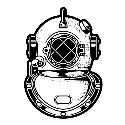 Vintage deep-sea diving helmet, heavy metal scuba headpiece, submergence equipment, vector