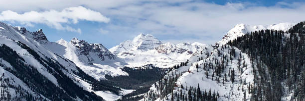 Maroon Bells in Aspen, Colorado Rocky Mountain View from Snowmass Ski Resort in Aspen, Colorado colorado rocky mountains stock pictures, royalty-free photos & images