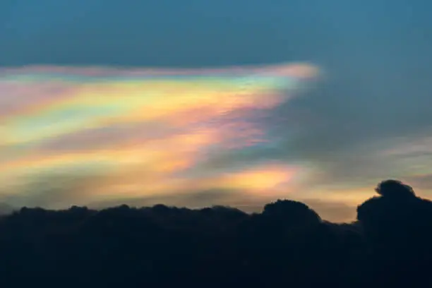 Cloud iridescence, or irisation, is a colorful light phenomenon that occurs in clouds. This common phenomenon is most common in altocumulus, cirrocumulus, lenticular and cirrus clouds.