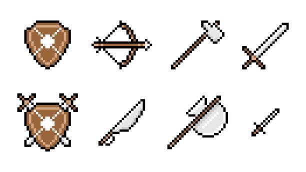 Medieval edged pixel weapons Medieval edged pixel weapons. Powerful war hammer with ax and sword of crusader. Interior shield with crossed swords and sharp saber with vector stiletto knights templar symbols stock illustrations