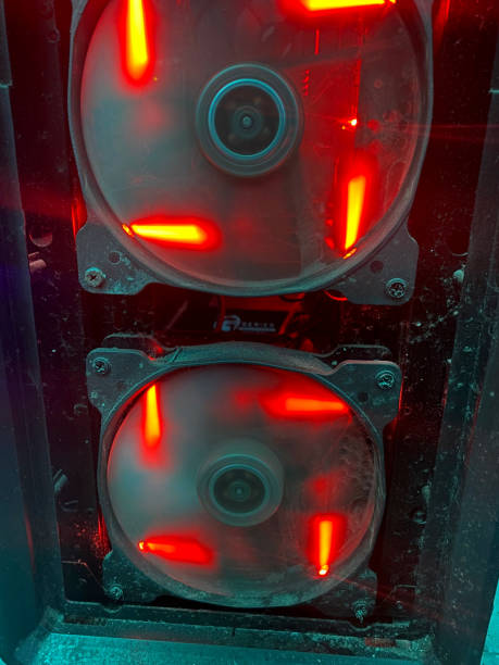 istock Dust on big computer coolers closeup view with red led lights 1366819880