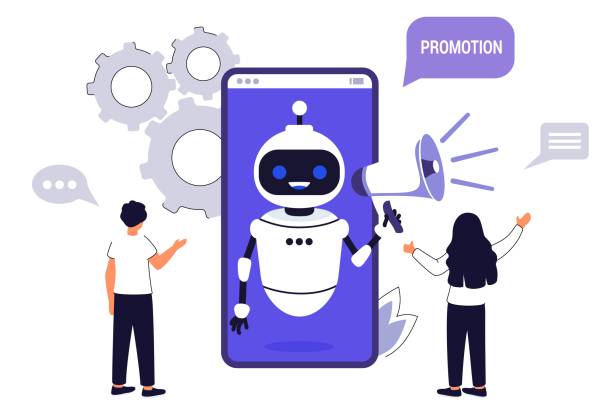 ilustrações, clipart, desenhos animados e ícones de assistente virtual usuário chamada para linha direta suporte a bots de bate-papo on-line - announcement message robot public speaker message