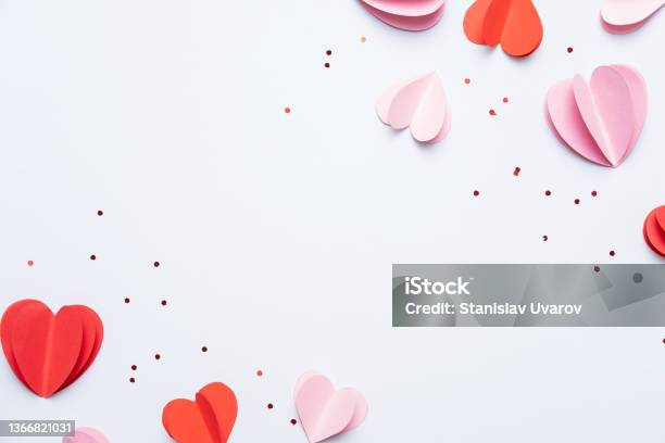 Paper Elements In Shape Of Hearts On White Background Symbols Of Love For Happy Womens Mothers Valentines Day Birthday Top View Of Greeting Card Flat Lay Stock Photo - Download Image Now