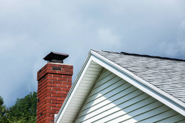 Residential House Rooftop and Red Brick Chimney Residential house rooftop, ventilated peak and red brick chimney covered with a metal grate and wire mesh screen to prevent wildlife from entering the chimney. chimney stock pictures, royalty-free photos & images