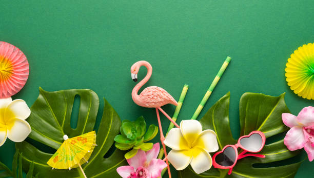 exótico fundo tropical de verão. conceito de festa na praia de verão. flamingo rosa, folhas tropicais, flores de orquídeas e outros acessórios em fundo verde. flat lay, copy space. - drink umbrella umbrella cocktail pink - fotografias e filmes do acervo