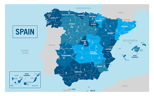 Spain country political administrative map. Detailed vector illustration with isolated states, regions, islands, cities and all provinces easy to ungroup.