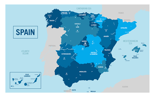 Spain country political map. Detailed vector illustration with isolated states, regions, islands and cities easy to ungroup.