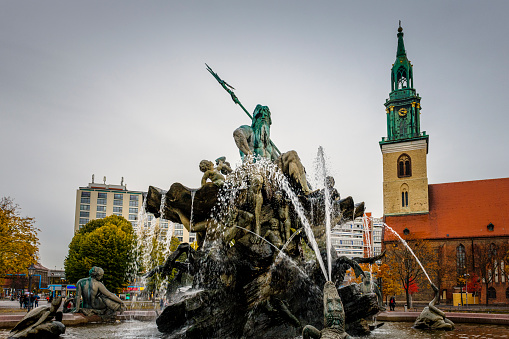 Vienna, Austria - 22 September, 2022: the fountain and statue of the Soviet War Memorial at Schwarzenbergplatz Square in Vienna