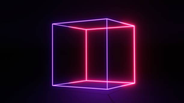 istock Neon cube frame. Purple square magenta grid with magical glow 3d render in dark space 1366822771