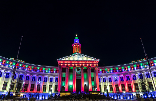 Denver city and county building decorated for the holidays in Colorado