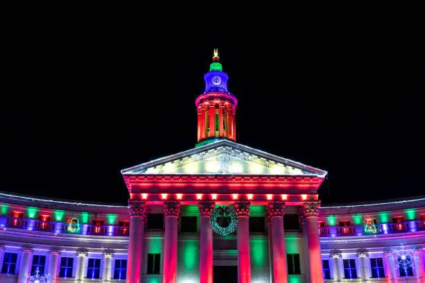Photo of Denver city and county building decorated for the holidays