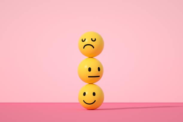 3d rendering of emoji with smiley, sad and neutral face on pink color background.