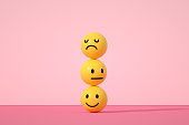 Emoji with smiley, sad and neutral face on pink color background