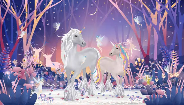 Vector illustration of Fantasy cute little fairies flying and playing with Unicorn family in magic forest at Christmas night, Vector illustration landscape of Winter wonderland.Fairytale background for bed time story cover