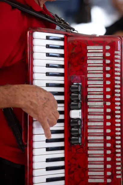 Photo of Closeup of accordionist and his instrument