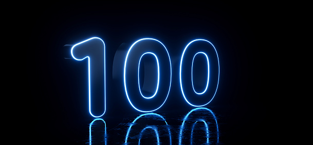 Black 100 Number With Futuristic Glowing Blue Neon Lights On Black Background. Empty Space.