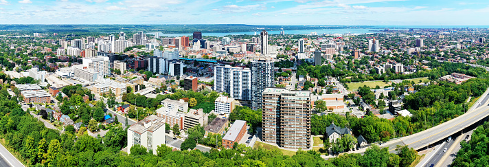 An aerial panorama scene of Hamilton, Ontario, Canada downtown in late summer
