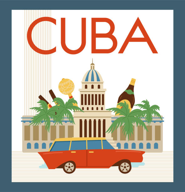 istock Cuba banner or card with Havana architecture and car, flat vector illustration. 1366826394