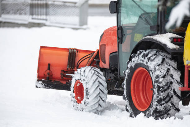 istock Tractor cleaning urban park paths on a cold snowy day. 1366828630