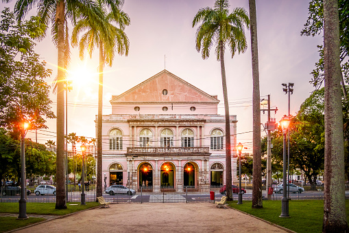 Recife, PE, Brazil - March 23, 2018: The historic architecture of Recife in Pernambuco, Brazil showcasing the Santa Isabel theater in downtown at dusk.