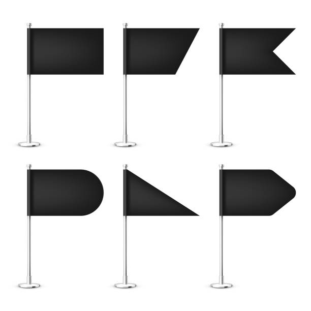 istock Realistic various table flags on a chrome steel pole. Blank black desk flag made of paper or fabric. Shiny metal stand. Mockup for promotion and advertising. Vector illustration 1366830452