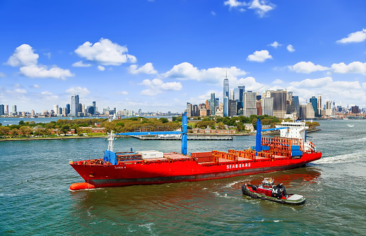New York, NY, USA - September 01, 2019: Seaboard Marine cargo ship sailing from port New York