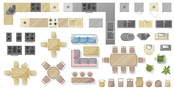 Furniture. for kitchen and dining room top view. Element set fof House, apartment, office. Interior icon, equipment, tables, chairs, sink top view. Furniture symbol Kit for interior design. Vector