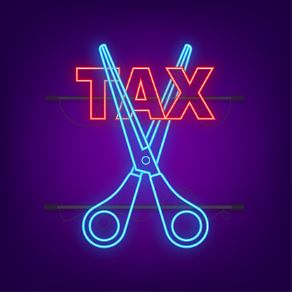Tax cut in neon style on black background. Vector illustration, cartoon character. Editable stroke