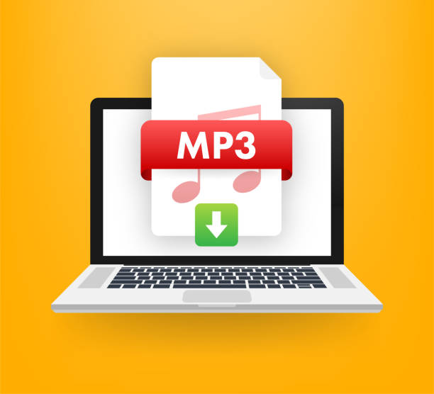 download mp3-taste auf dem laptopbildschirm. download dokument konzept. datei mit mp3-label und unten pfeil-symbol. vektor-illustration. - 16611 stock-grafiken, -clipart, -cartoons und -symbole