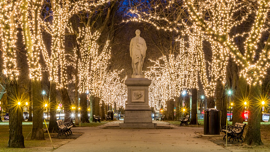 View of the historic architecture of Boston in Massachusetts, USA showcasing  its Christmas lights on Commonwealth Avenue at night.