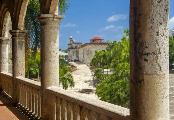 Dominican Republic - Santo-Domingo - The beautiful panorama view of calle las damas, spain square, museo de las casas reales and panteon de la patria in zona colonial (aka old city)