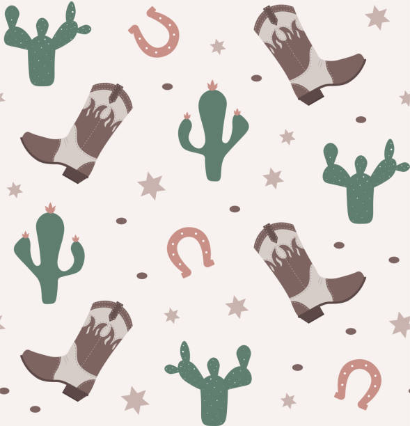 ilustraciones, imágenes clip art, dibujos animados e iconos de stock de elementos occidentales con un patrón perfecto con botas de vaquero, cactus, herraduras e insignias de sheriff. - horseshoe backgrounds seamless vector