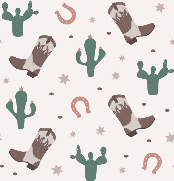 ilustrações de stock, clip art, desenhos animados e ícones de western elements seamless pattern with cowboy boots, cactuses, horseshoes and sheriff badges. - textured sport leather backgrounds