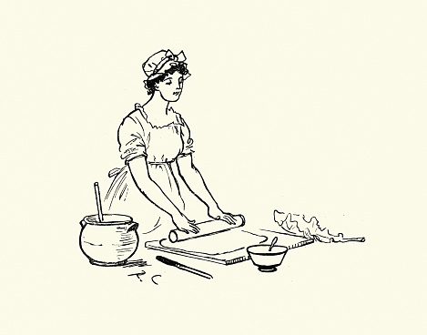 Vintage illustration of Scene from The Great Panjandrum Himself, Illustrated by Randolph Caldecott. Young woman baking rolling out pastry